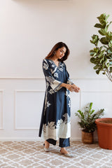 Women's Navy Fusion Regular Fit Printed Full Sleeves Kurtas Sets