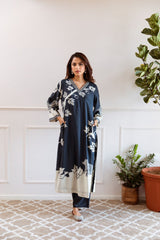 Women's Navy Fusion Regular Fit Printed Full Sleeves Kurtas Sets