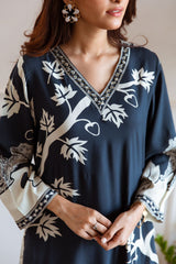Women's Navy Fusion Regular Fit Printed Full Sleeves Kurtas Sets