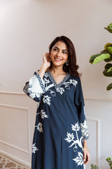 Women's Navy Fusion Regular Fit Printed Full Sleeves Kurtas Sets