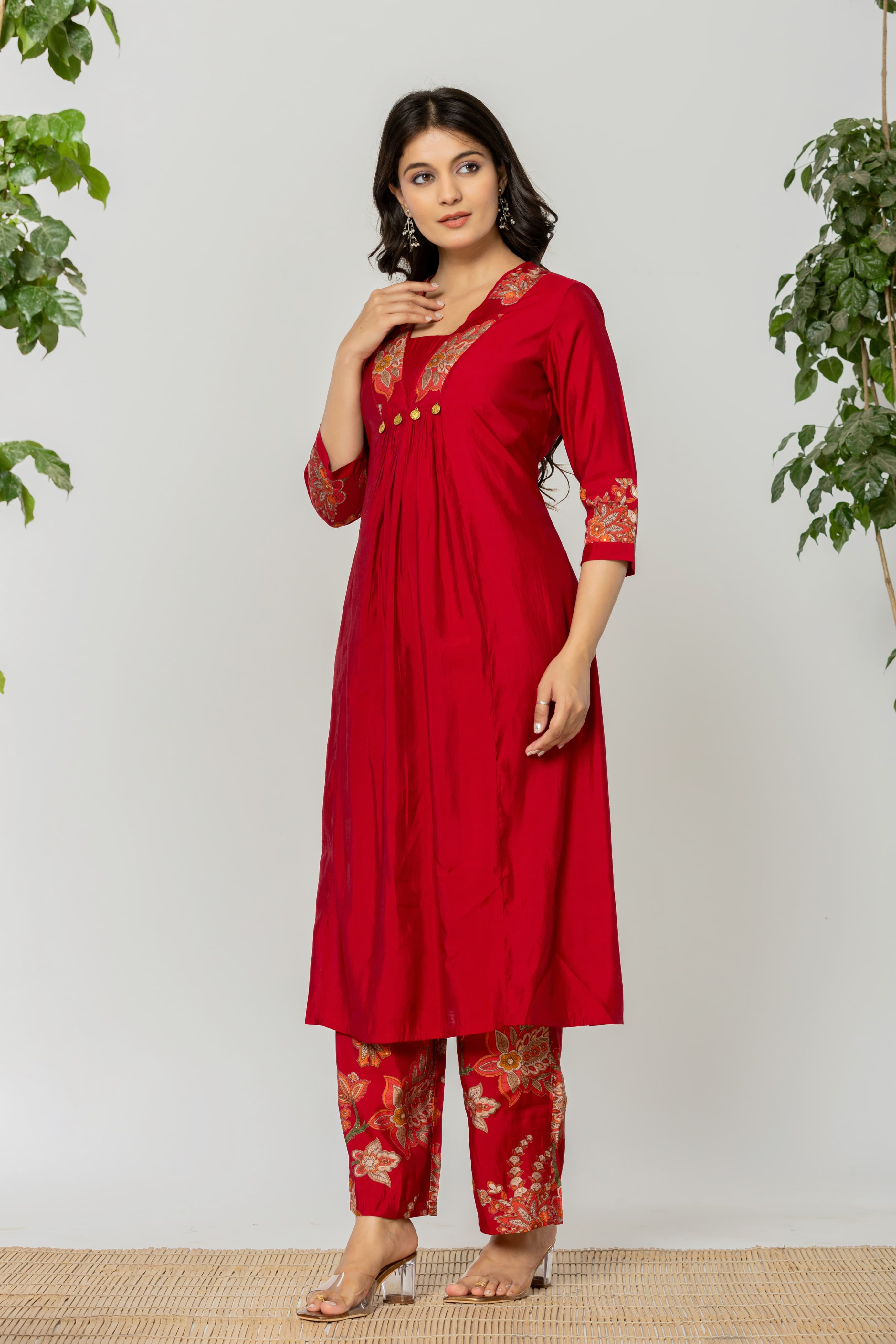 Women's Red Fusion Regular Fit Embroidered Three Quarter Sleeves Kurtas Sets