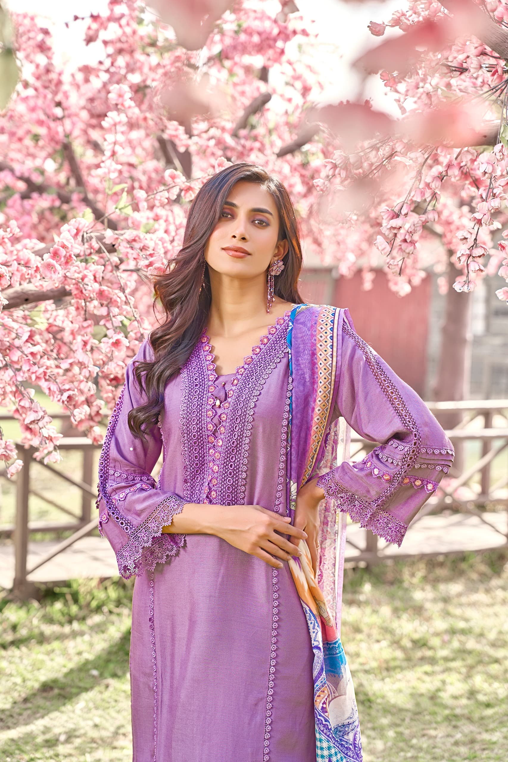 Women's Purple Fusion Regular Fit Embroidered Full Sleeves Kurtas Sets