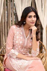 Women's Pink Work Regular Fit Embroidered Three Quarter Sleeves Co-Ord Sets