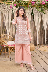 Women's Pink Work Regular Fit Embroidered Three Quarter Sleeves Co-Ord Sets