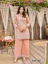 Women's Pink Work Regular Fit Embroidered Three Quarter Sleeves Co-Ord Sets