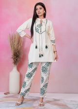 Women's Green Work Regular Fit Embroidered Three Quarter Sleeves Co-Ord Sets