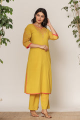 Women's Yellow Fusion Regular Fit Embroidered Three Quarter Sleeves Kurtas Sets