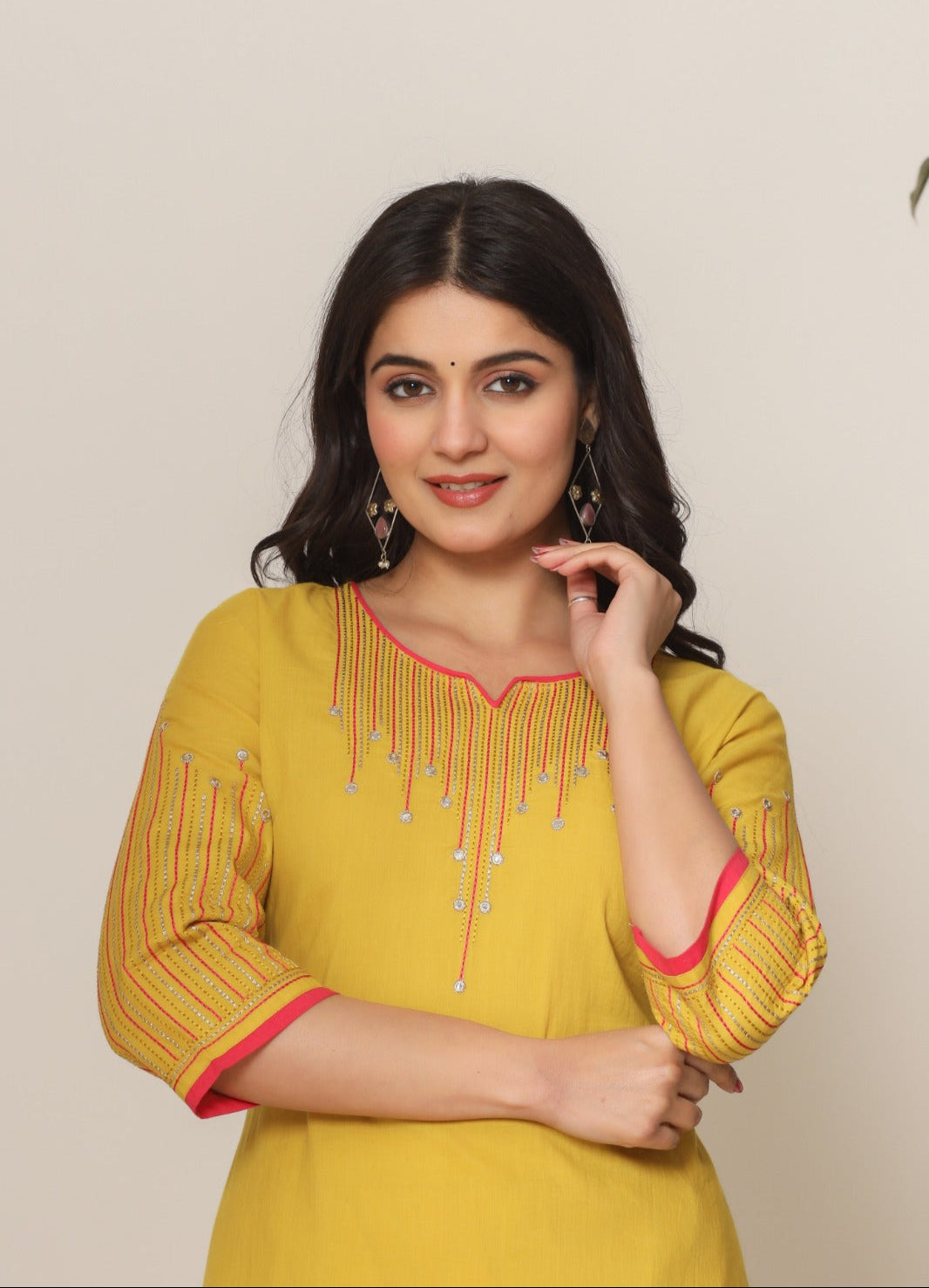 Women's Yellow Fusion Regular Fit Embroidered Three Quarter Sleeves Kurtas Sets