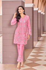 Women's Pink Work Regular Fit Embroidered Full Sleeves Co-Ord Sets
