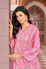 Women's Pink Work Regular Fit Embroidered Full Sleeves Co-Ord Sets