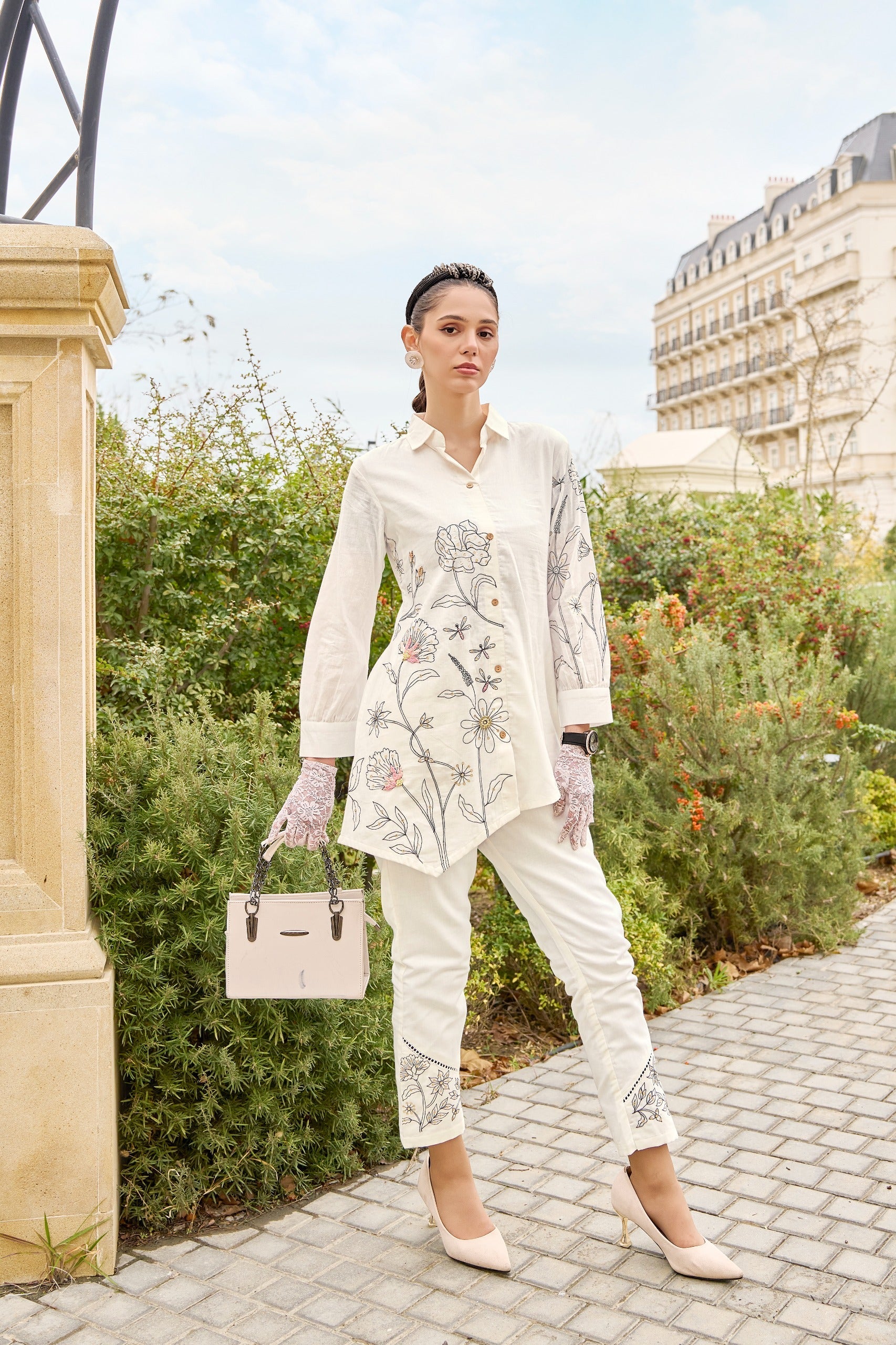 Women's White Work Regular Fit Embroidered Full Sleeves Co-Ord Sets