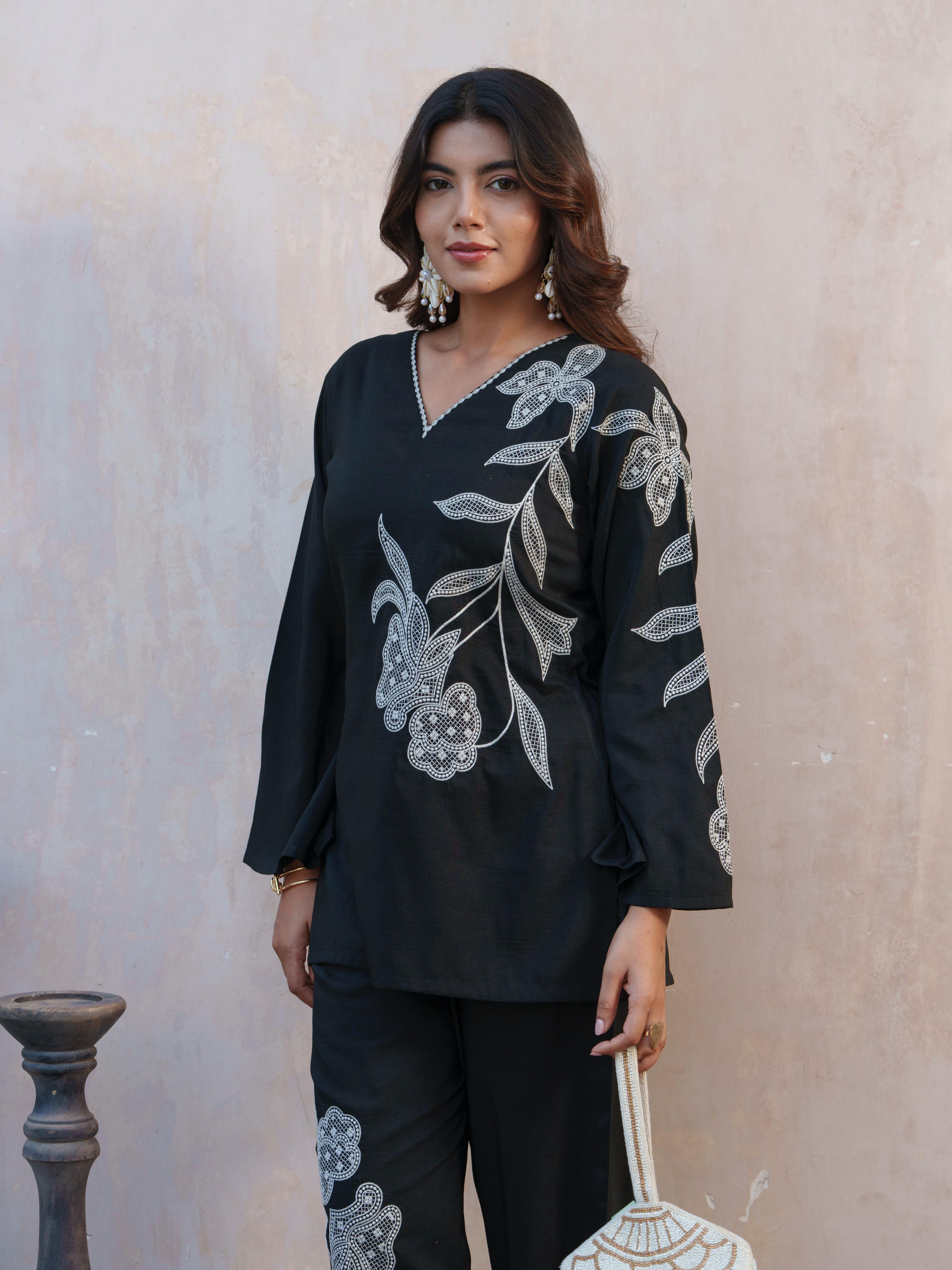 Women's Black Work Regular Fit Embroidered Full Sleeves Co-Ord Sets