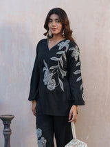 Women's Black Work Regular Fit Embroidered Full Sleeves Co-Ord Sets