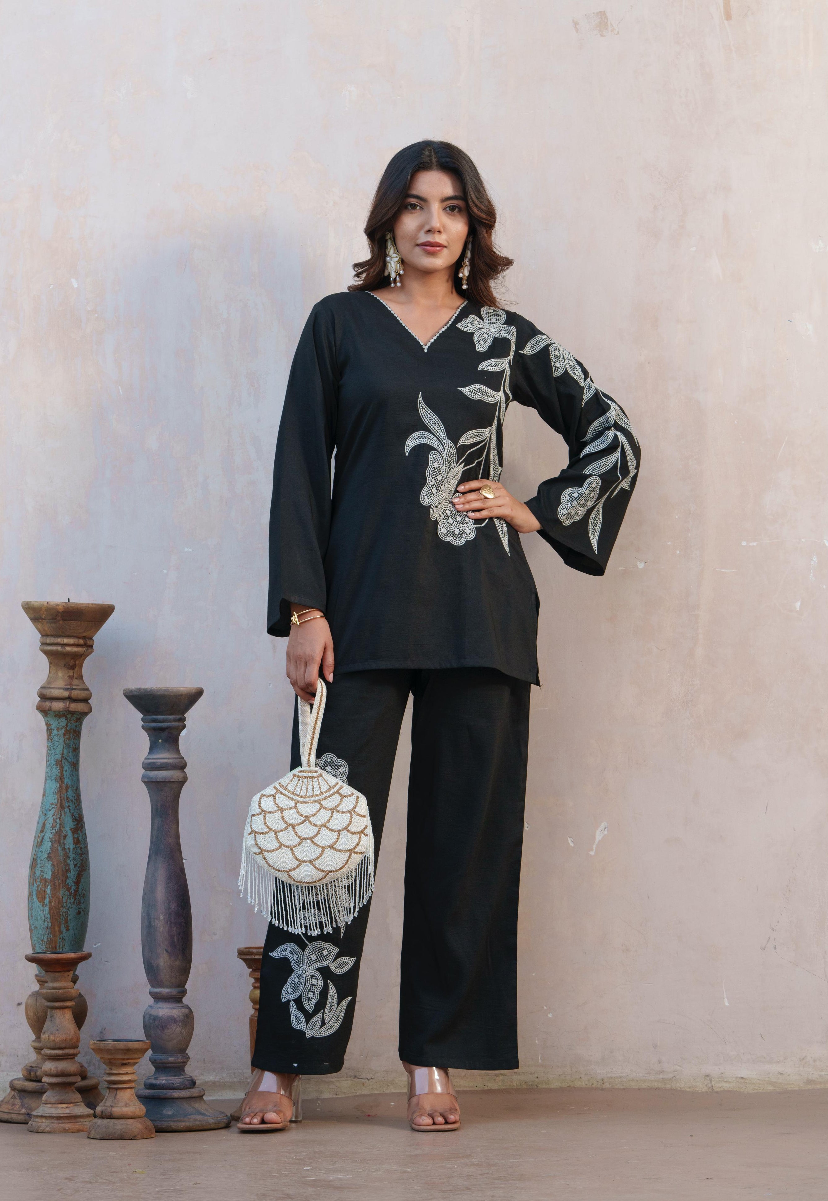 Women's Black Work Regular Fit Embroidered Full Sleeves Co-Ord Sets