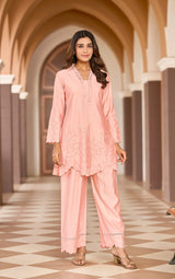 Women's Pink Work Regular Fit Solid Full Sleeves Co-Ord Sets
