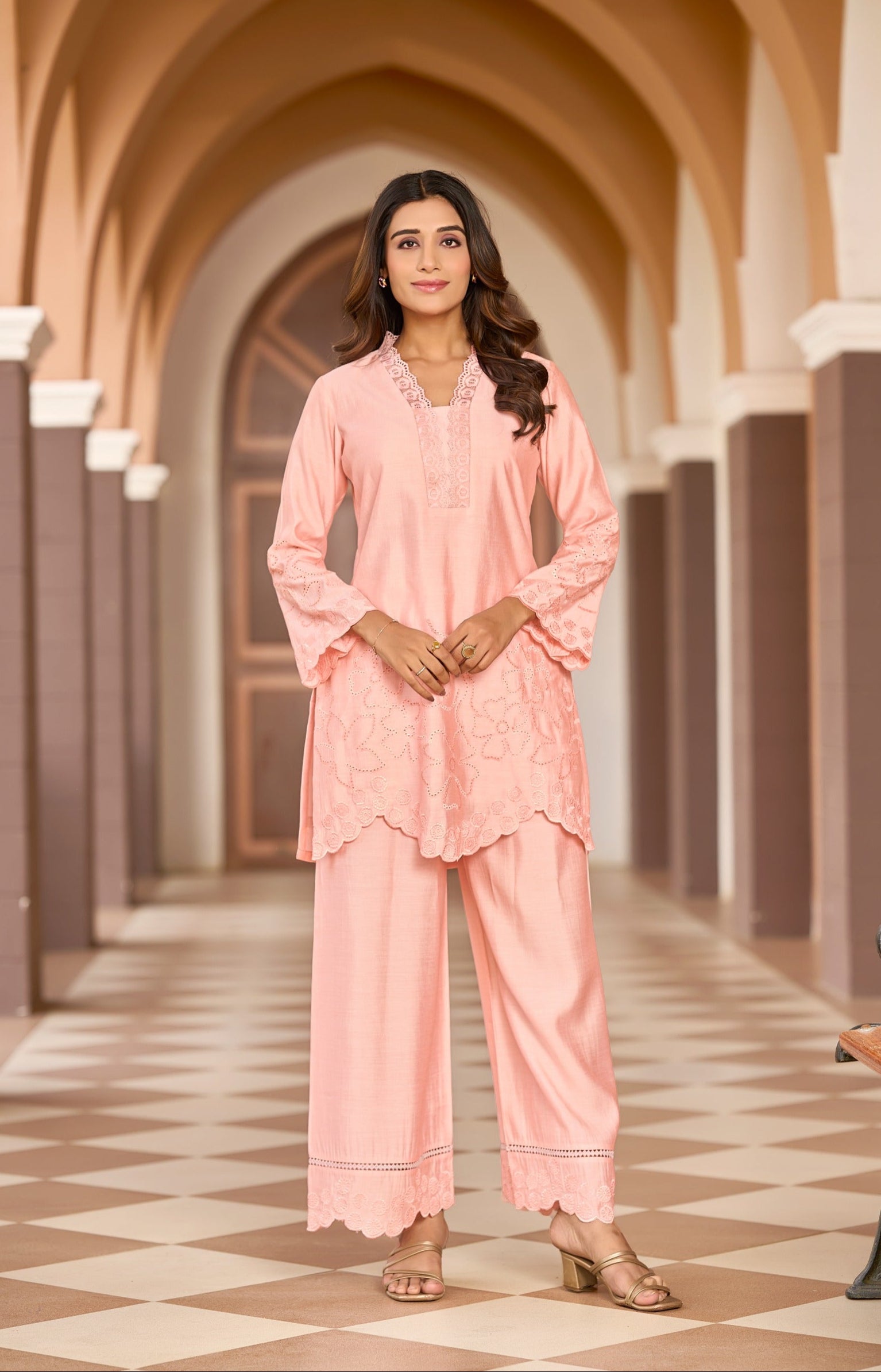 Women's Pink Work Regular Fit Solid Full Sleeves Co-Ord Sets