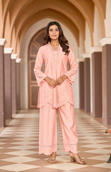 Women's Pink Work Regular Fit Solid Full Sleeves Co-Ord Sets