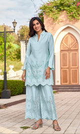 Women's Blue Work Regular Fit Solid Full Sleeves Co-Ord Sets