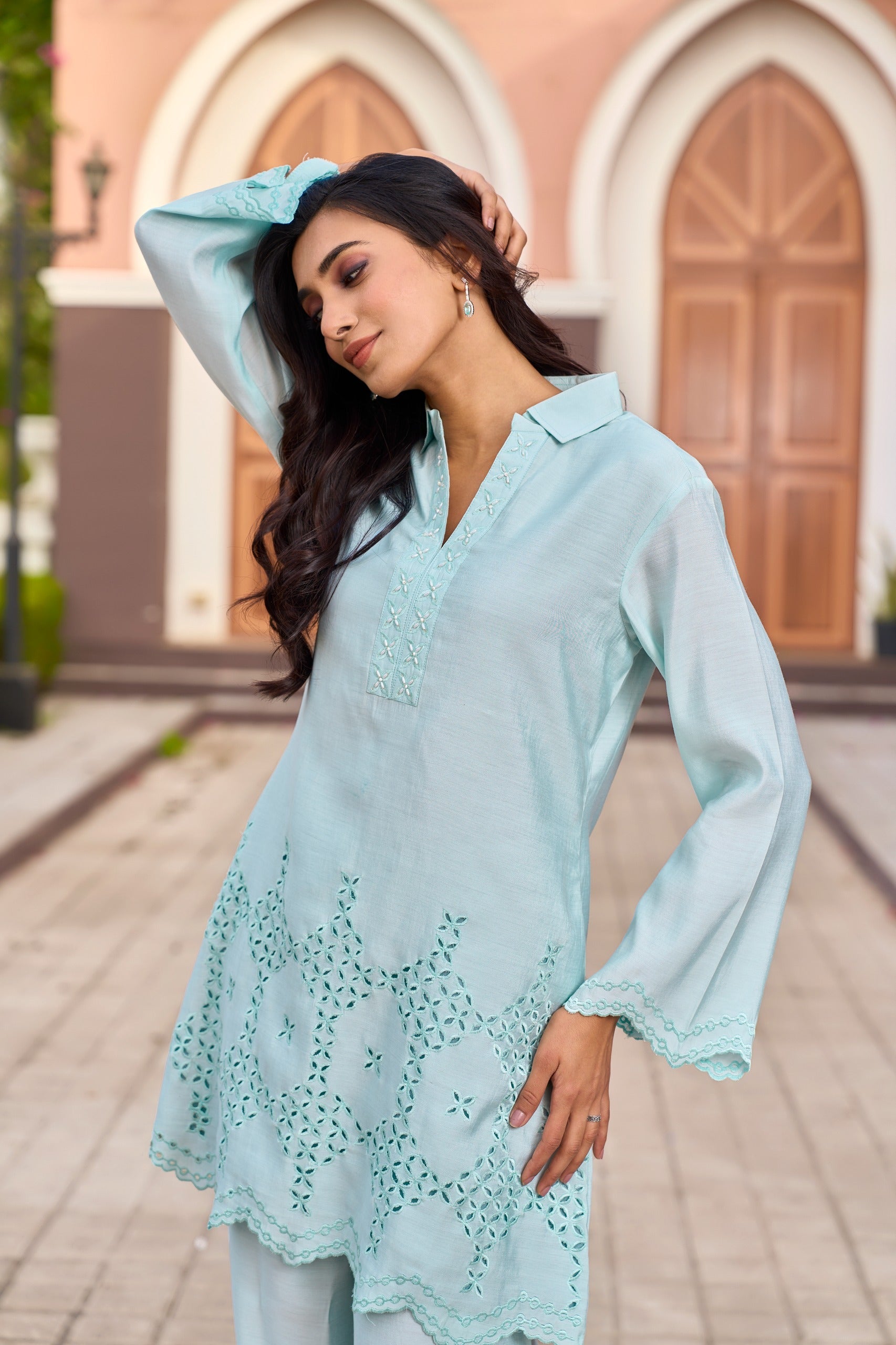 Women's Blue Work Regular Fit Solid Full Sleeves Co-Ord Sets