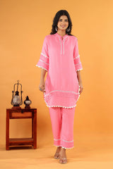 Women's Pink Work Regular Fit Solid Three Quarter Sleeves Co-Ord Sets