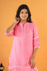 Women's Pink Work Regular Fit Solid Three Quarter Sleeves Co-Ord Sets