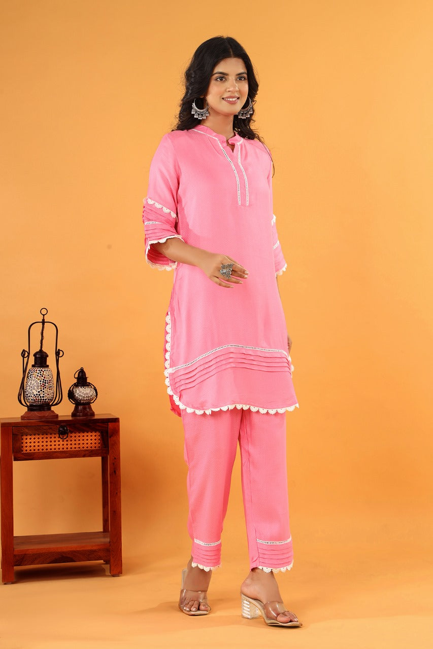Women's Pink Work Regular Fit Solid Three Quarter Sleeves Co-Ord Sets