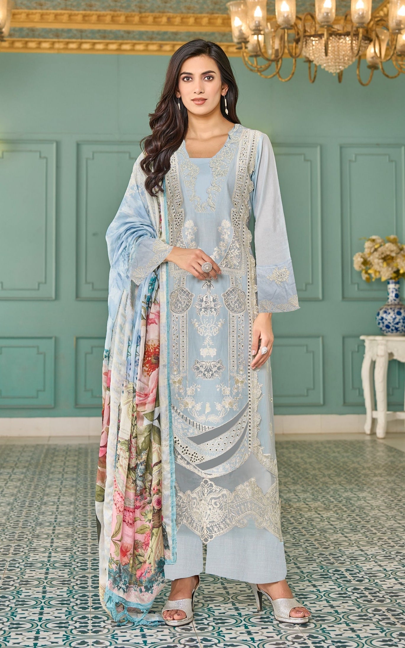 Women's Blue Festive Regular Fit Embroidered Full Sleeves Kurtas Sets