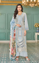 Women's Blue Festive Regular Fit Embroidered Full Sleeves Kurtas Sets