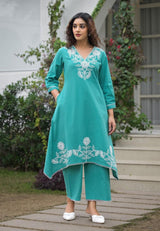 Women's Blue Work Regular Fit Embroidered Three Quarter Sleeves Co-Ord Sets