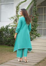 Women's Blue Work Regular Fit Embroidered Three Quarter Sleeves Co-Ord Sets