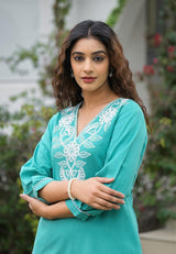 Women's Blue Work Regular Fit Embroidered Three Quarter Sleeves Co-Ord Sets