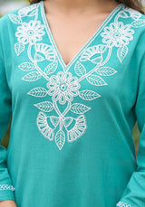 Women's Blue Work Regular Fit Embroidered Three Quarter Sleeves Co-Ord Sets