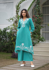 Women's Blue Work Regular Fit Embroidered Three Quarter Sleeves Co-Ord Sets