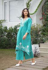 Women's Blue Work Regular Fit Embroidered Three Quarter Sleeves Co-Ord Sets