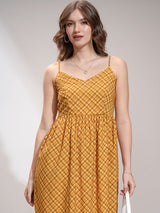 Women's Yellow Ethnic Checked Regular Fit Sleeveless Dress