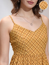 Women's Yellow Ethnic Checked Regular Fit Sleeveless Dress