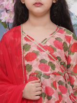 Girls Red Floral Printed Angrakha Kurta and Sharara With Dupatta