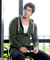 Men's Forest Green Zip-Front with Contrast Drawstring Hoodie