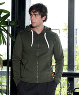 Men's Forest Green Zip-Front with Contrast Drawstring Hoodie