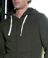 Men's Forest Green Zip-Front with Contrast Drawstring Hoodie