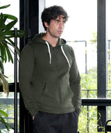 Men's Forest Green Zip-Front with Contrast Drawstring Hoodie