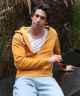 Men's Mustard Yellow Zip-Front with Contrast Drawstring Hoodie