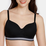 Women's Black Sporty Twist Padded Non Wired 3/4th Coverage Tshirt Bra
