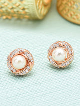 Women's Rose Gold Cubic Zirconia & Pearl Contemporary Brass Stud Earring-ZPFK10093