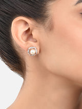 Women's Rose Gold Cubic Zirconia & Pearl Contemporary Brass Stud Earring-ZPFK10093