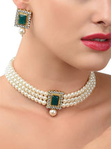 Women's Green Stones & Multistrand Pearls Ethnic Choker Necklace & Earring Set