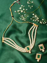 Women's Green Stones & Multistrand Pearls Ethnic Choker Necklace & Earring Set