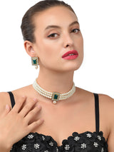 Women's Green Stones & Multistrand Pearls Ethnic Choker Necklace & Earring Set