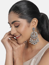 Women's Antique Silver Tone Kundan and Austrian Diamonds Jhumki Drops Earring