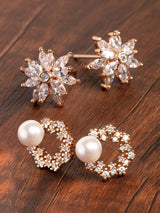 Women's Rose Gold Cubic Zirconia Brass Stud Earrings - Set of 2